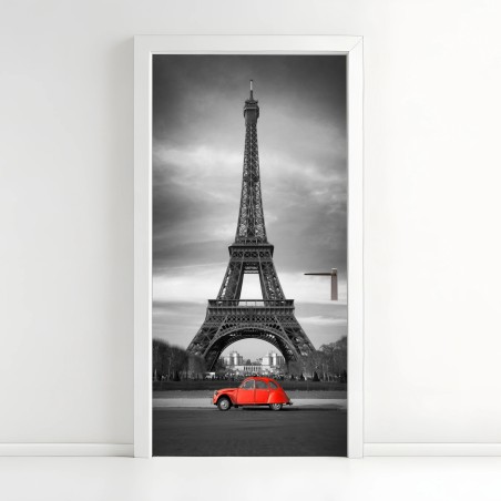 Türaufkleber Eiffelturm mit rotem vintage-auto – Wallnifity®