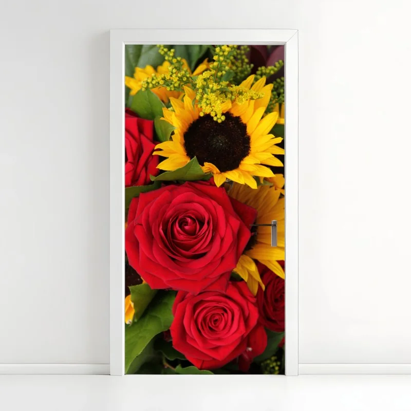 Türaufkleber rote rosen und sonnenblumen im bukett