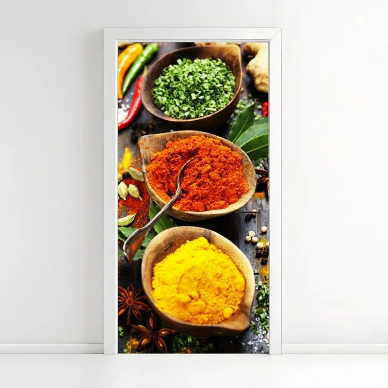 Türaufkleber bunte gewürze und kräuter auf holz