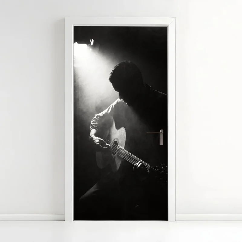 Türaufkleber silhouette eines gitaristen im scheinwerferlicht