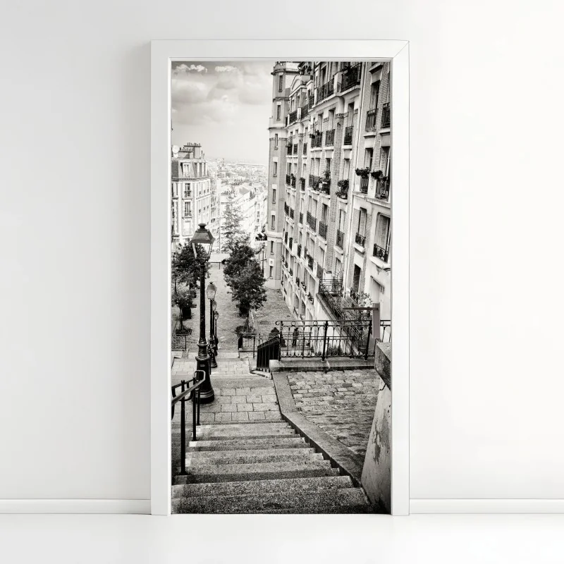 Türaufkleber städtische treppe in schwarzweiß