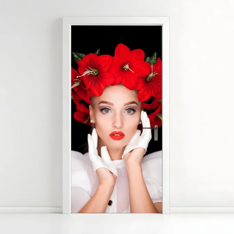Türaufkleber elegantes porträt mit rotem blumenkranz