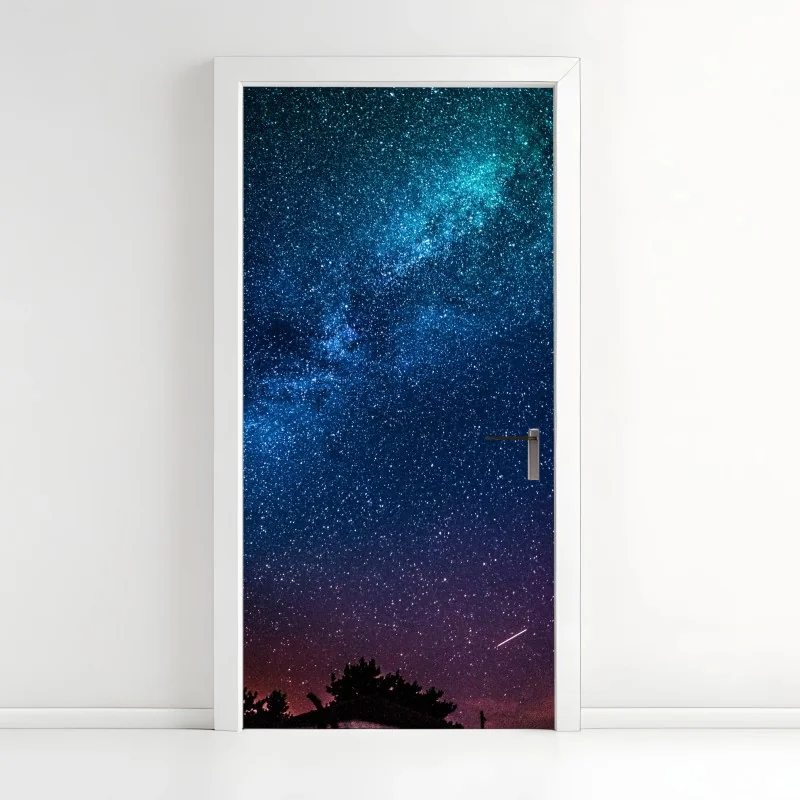 Türaufkleber tiefblauer nachthimmel mit milchstraße und sternschnuppe