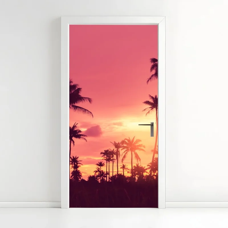 Türaufkleber rosa tropischer sonnenuntergang mit palmen