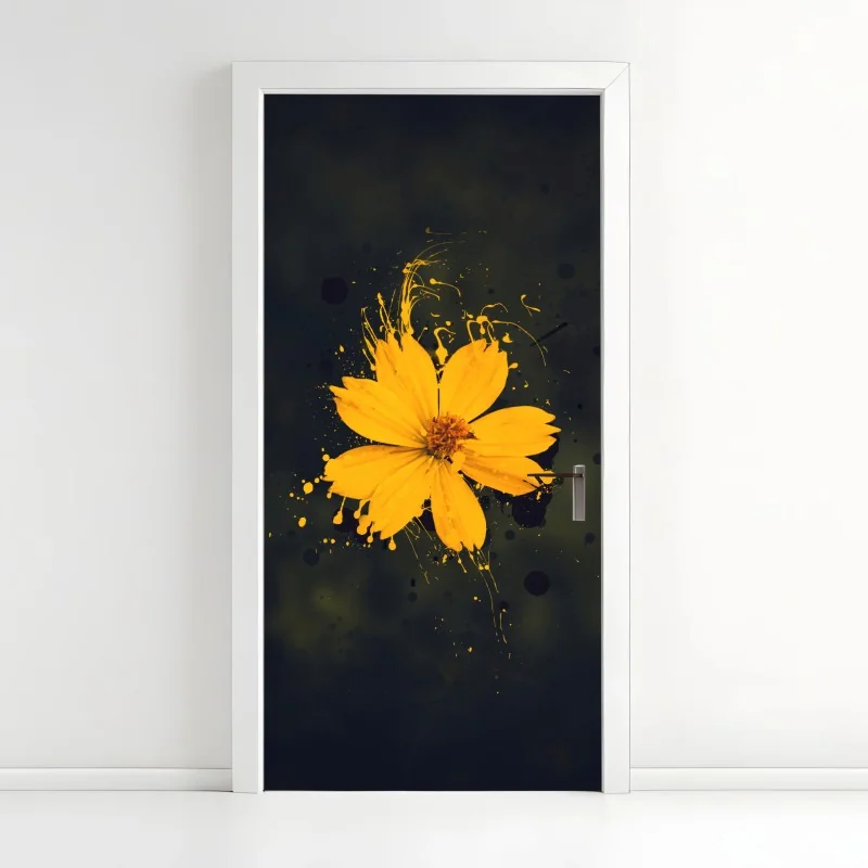 Türaufkleber leuchtende gelbe blüte auf dunklem hintergrund