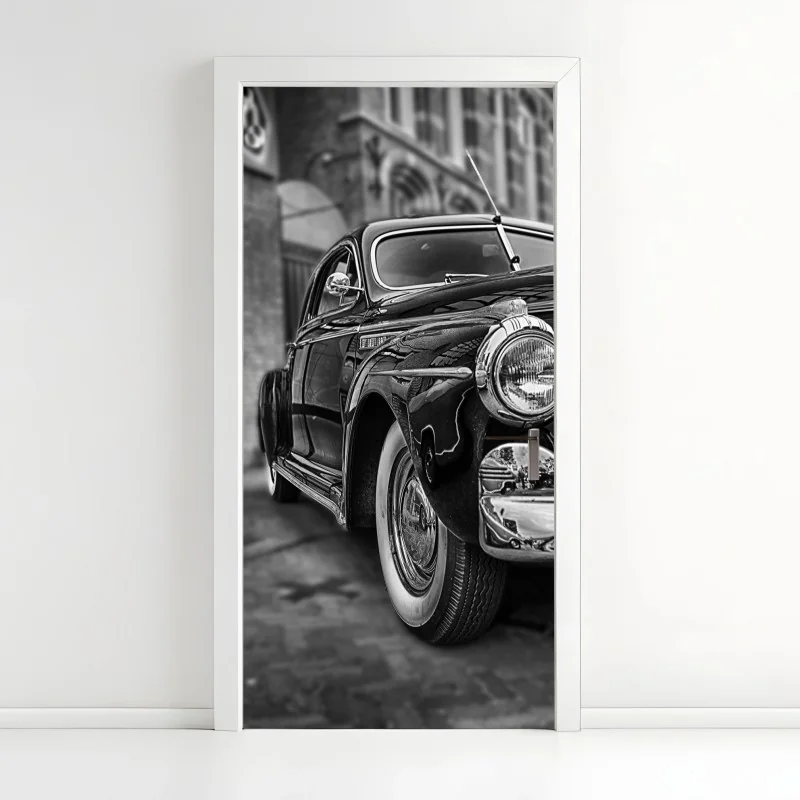 Türaufkleber vintage klassisches auto auf kopfsteinpflaster
