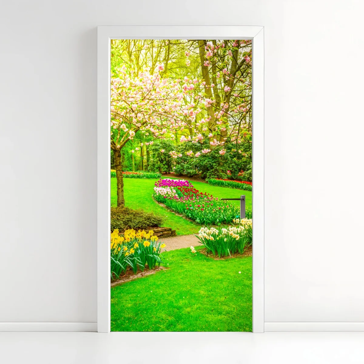 Türaufkleber frühlingsgarten in blüte: tulpen und kirschblüten – Wallnifity® Türaufkleber frühlingsgarten in blüte: tulpen und kirschblüten – Wallnifity®