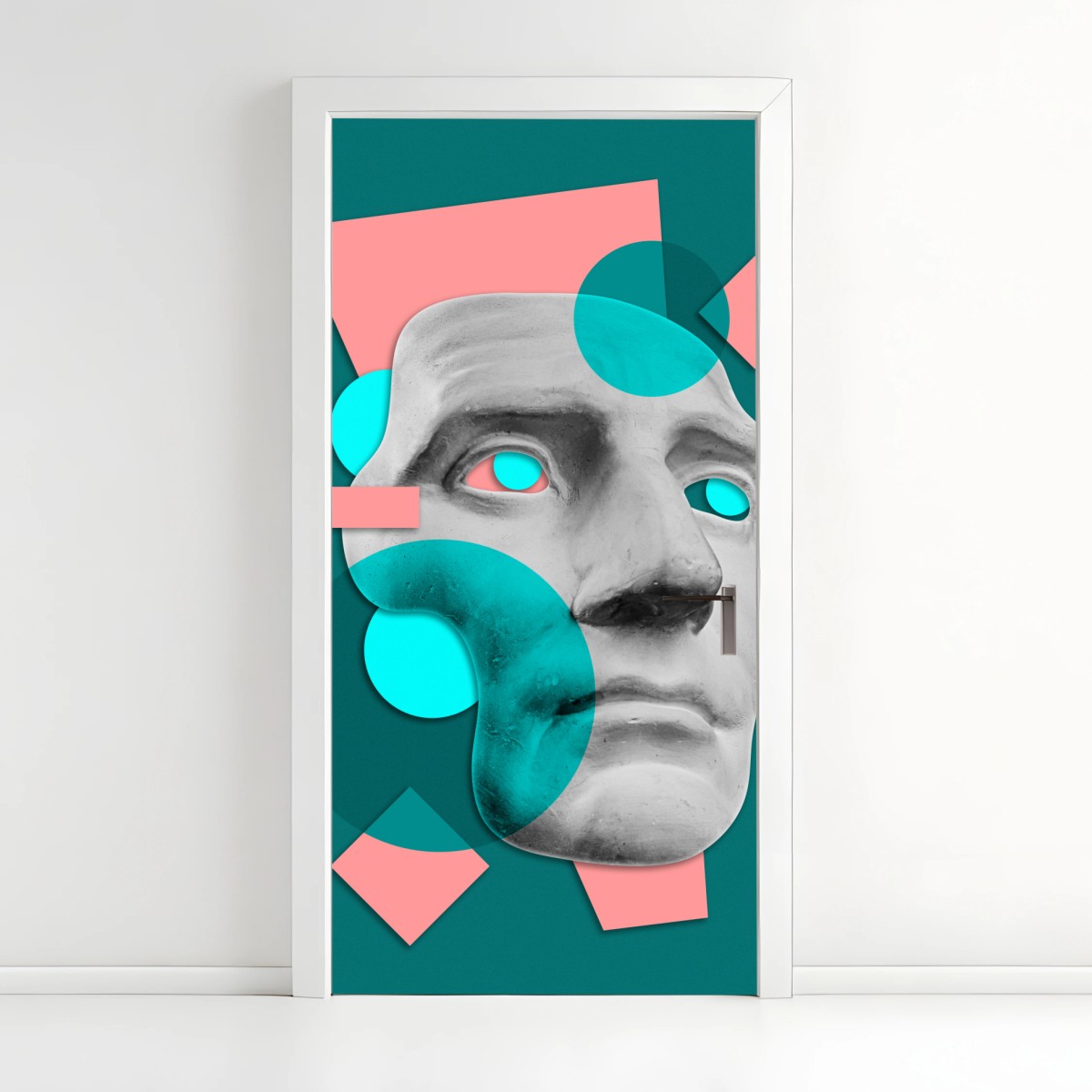 Türaufkleber abstrakte klassische maske in türkis und rosa – Wallnifity® Türaufkleber abstrakte klassische maske in türkis und rosa – Wallnifity®