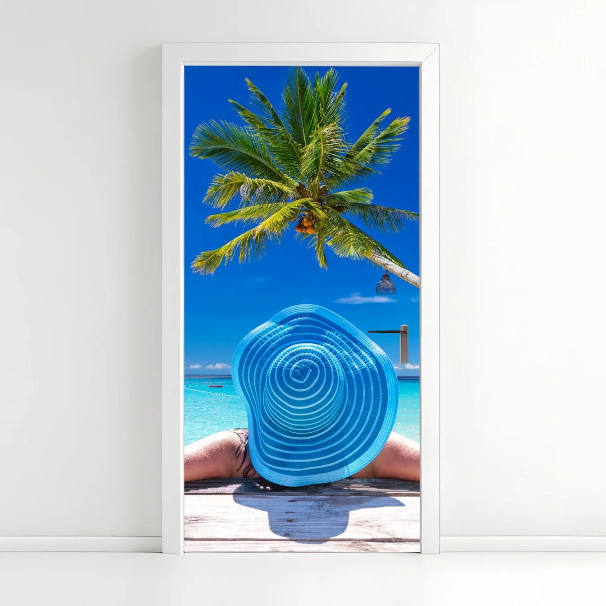 Türaufkleber tropischer strand mit blauem sonnenhut – Wallnifity® Türaufkleber tropischer strand mit blauem sonnenhut – Wallnifity®