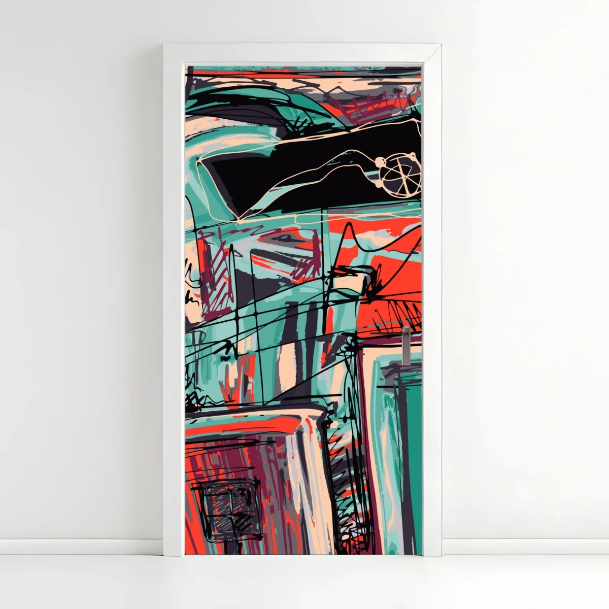 Türaufkleber türkis-korall abstrakte komposition – Wallnifity® Türaufkleber türkis-korall abstrakte komposition – Wallnifity®