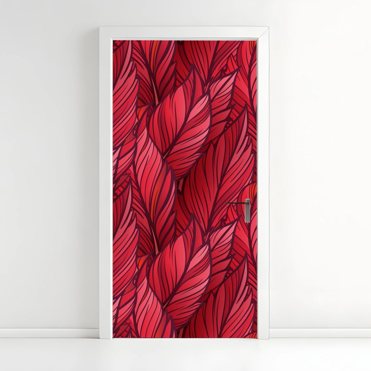 Türaufkleber rotes botanisches blättermuster – Wallnifity®