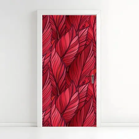 Türaufkleber rotes botanisches blättermuster – Wallnifity®