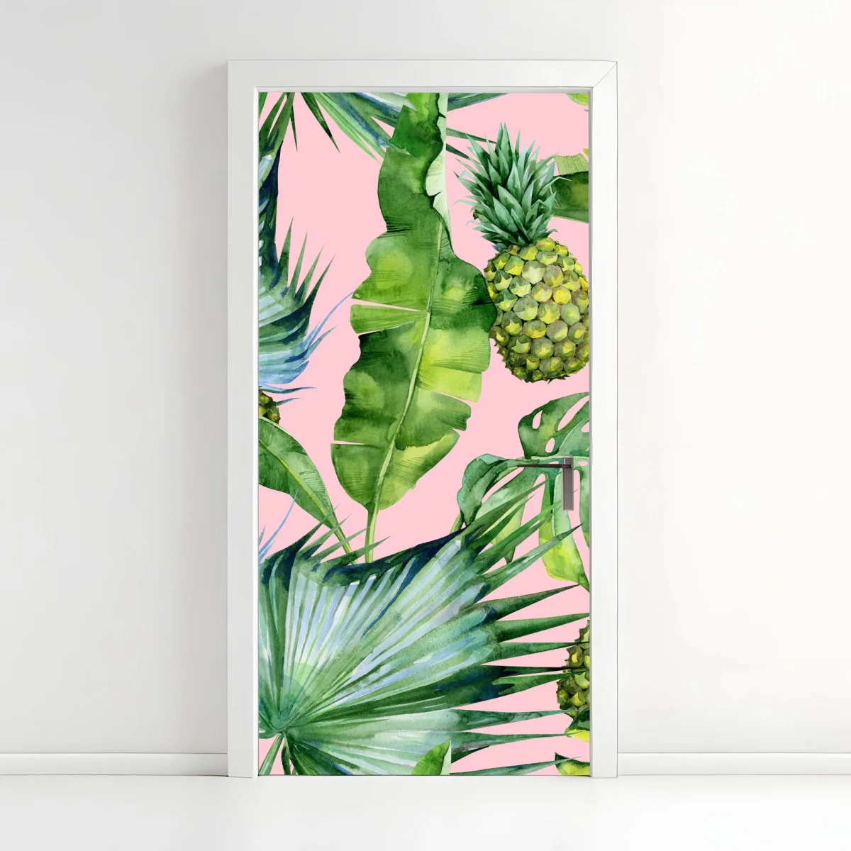 Türaufkleber tropisches ananas- und blattmuster in aquarell auf rosa hintergrund – Wallnifity®
