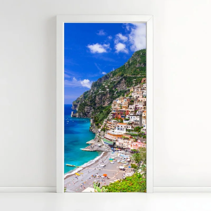 Türaufkleber sonnige panoramaaufnahme von Positano an der Amalfiküste