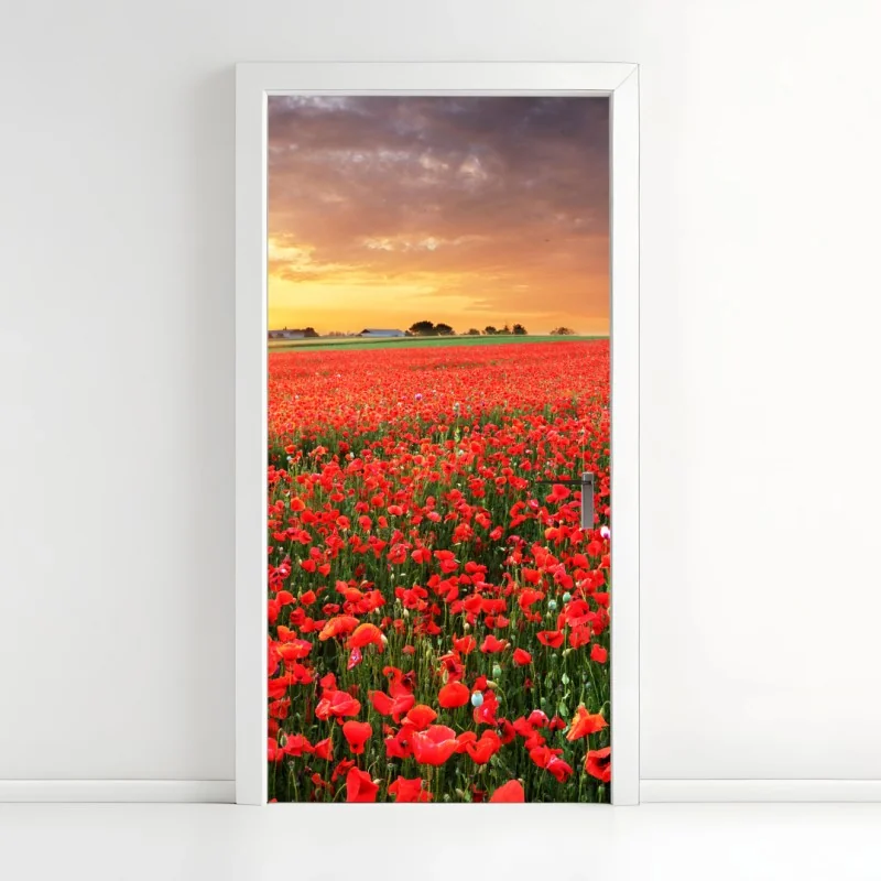 Türaufkleber mohnfeld im sonnenuntergang
