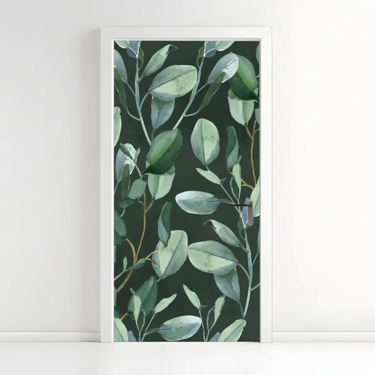 Türaufkleber aquarell eukalyptusblätter muster auf dunkelgrünem hintergrund – Wallnifity®