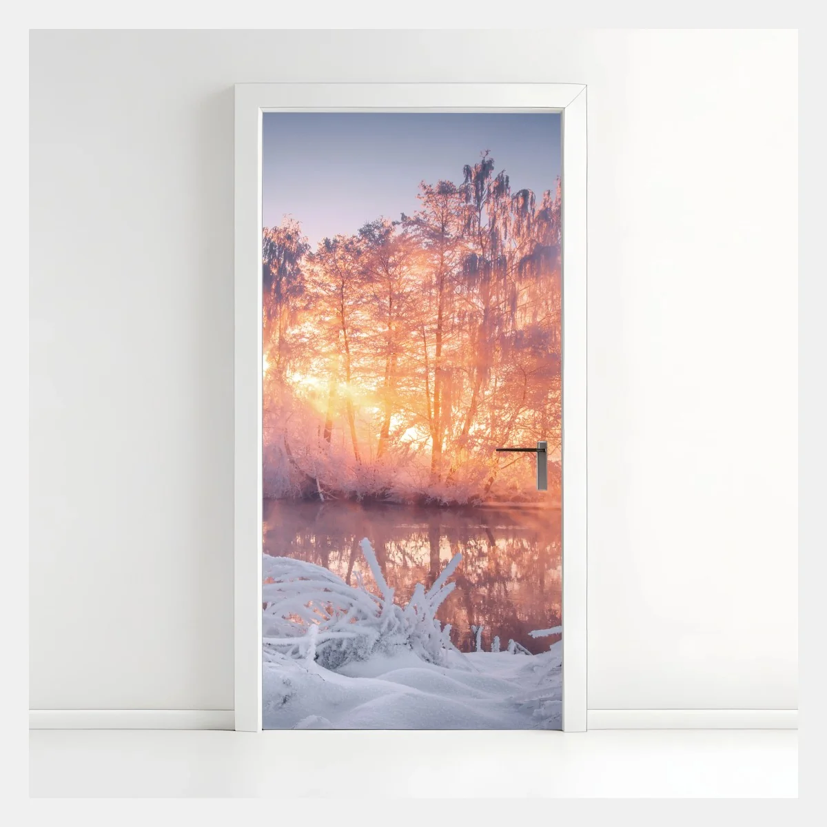 Türaufkleber winterlicher sonnenaufgang über zugefrorenem fluss – Wallnifity®