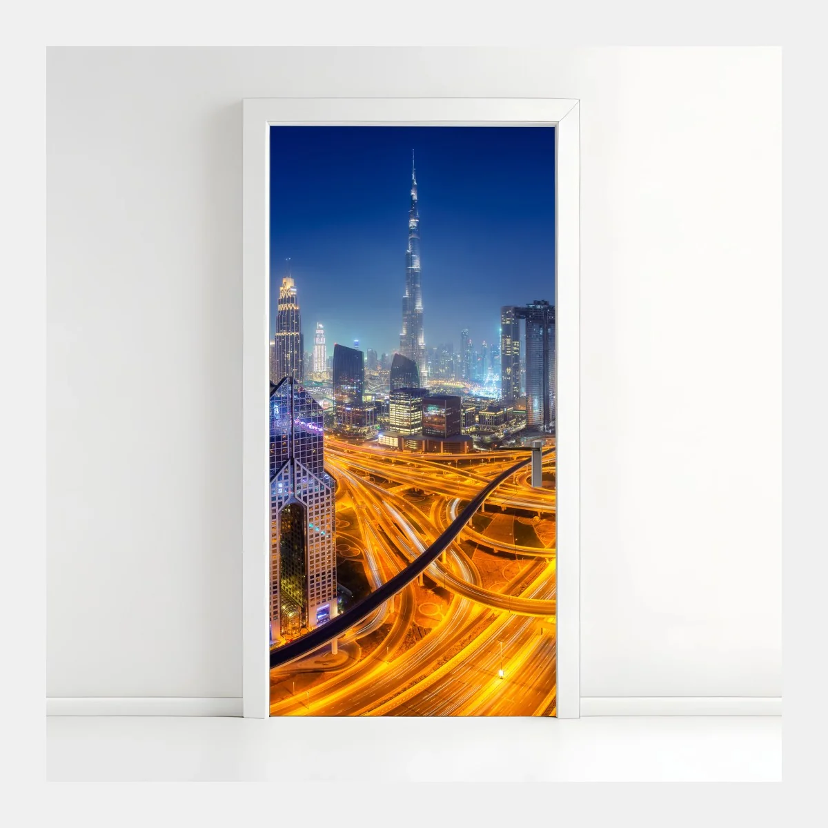 Türaufkleber panorama der nächtlichen skyline von Dubai – Wallnifity® Türaufkleber panorama der nächtlichen skyline von Dubai – Wallnifity®