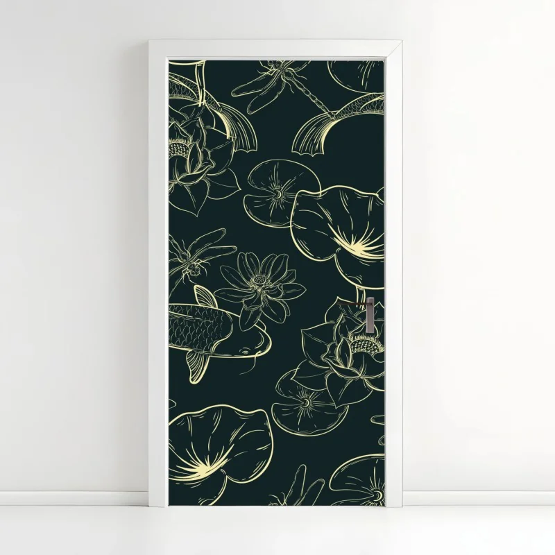 Türaufkleber handgezeichnetes koi- und lotusmuster