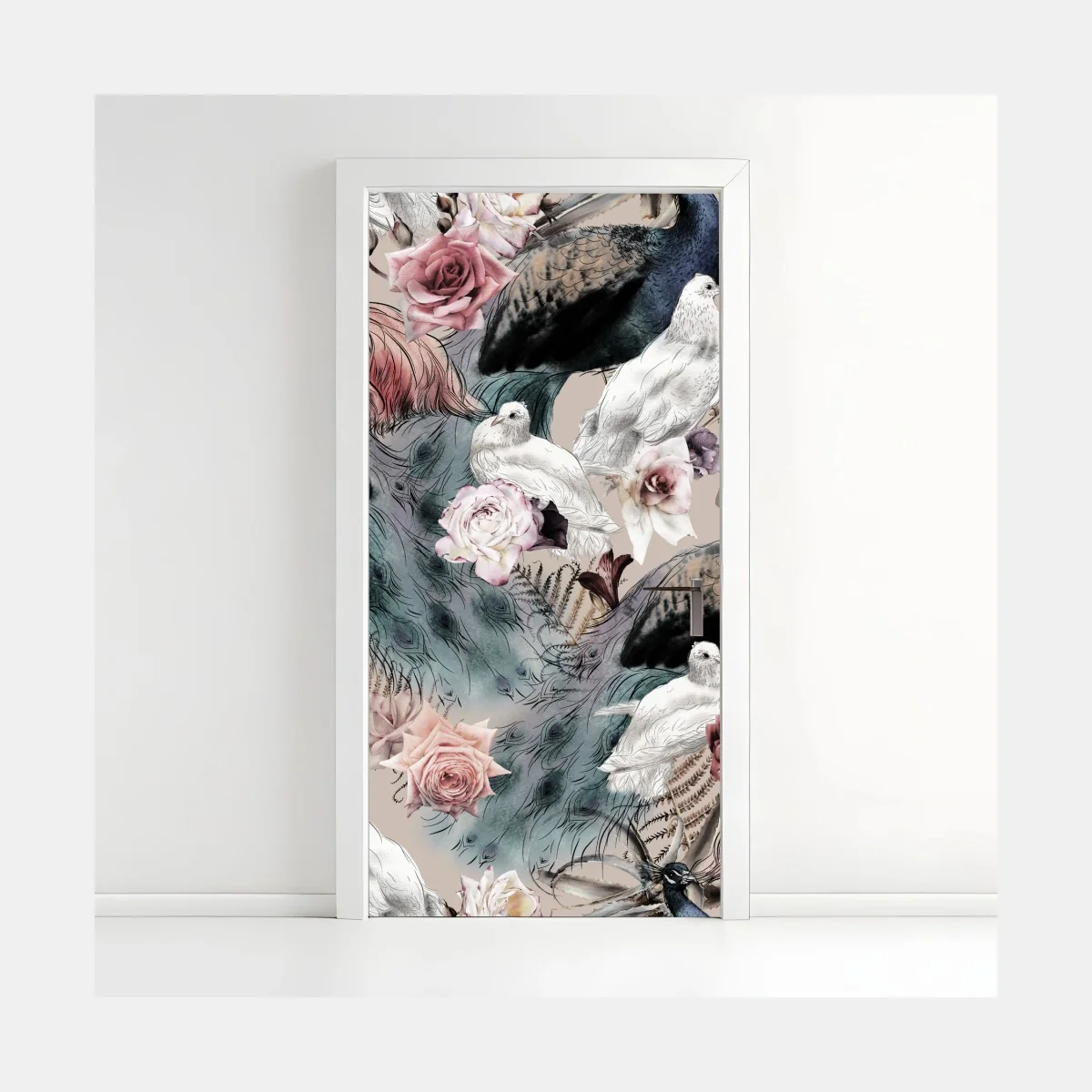 Türaufkleber aquarellmuster mit vögeln und rosen – Wallnifity® Türaufkleber aquarellmuster mit vögeln und rosen – Wallnifity®