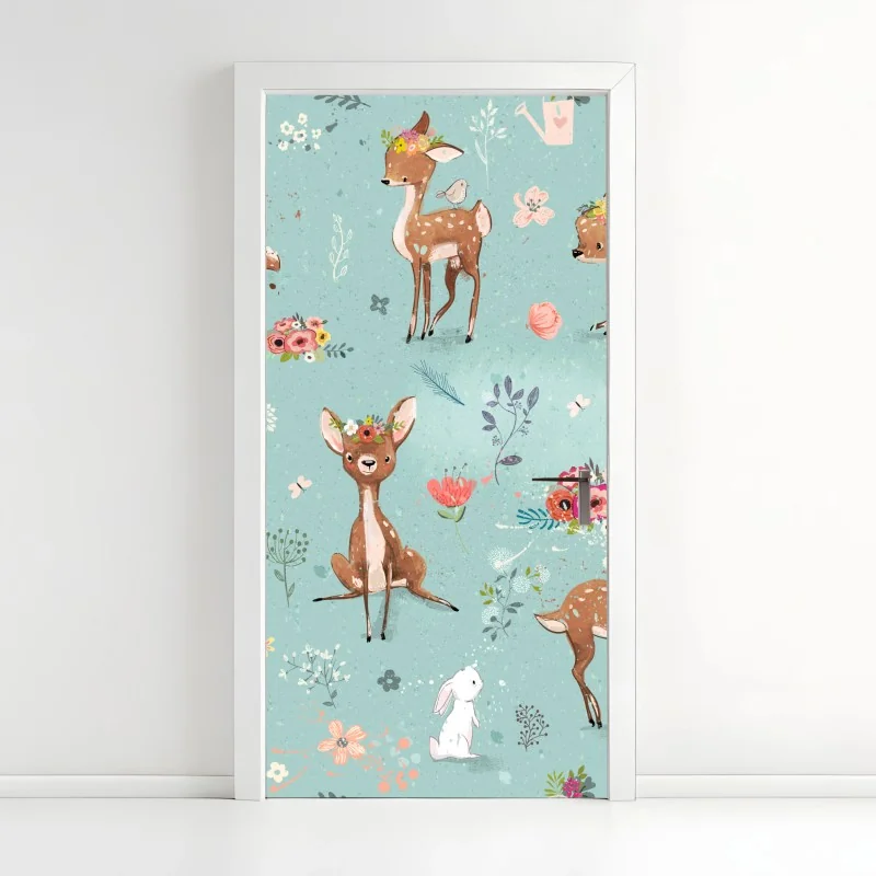 Türaufkleber pastellmuster mit rehkitzen und hasen