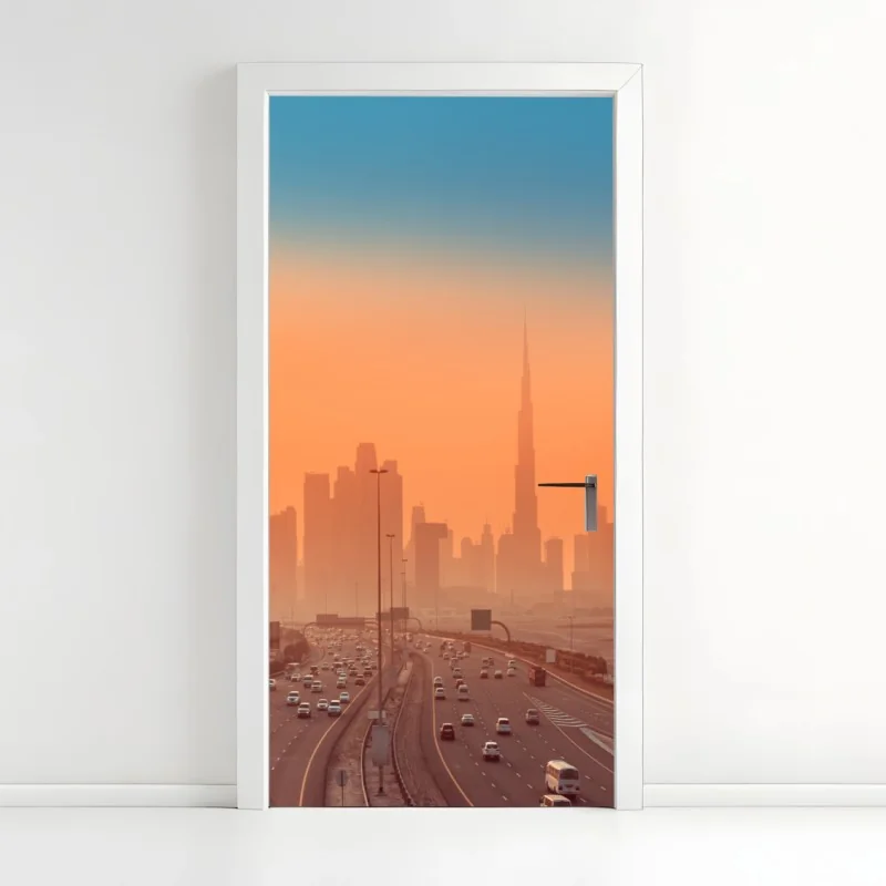 Türaufkleber Dubai skyline bei sonnenaufgang