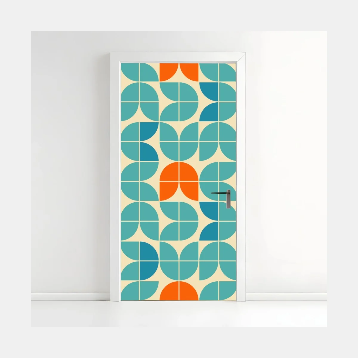 Türaufkleber retro geometrisches fliesenmuster in türkis und orange – Wallnifity® Türaufkleber retro geometrisches fliesenmuster in türkis und orange – Wallnifity®