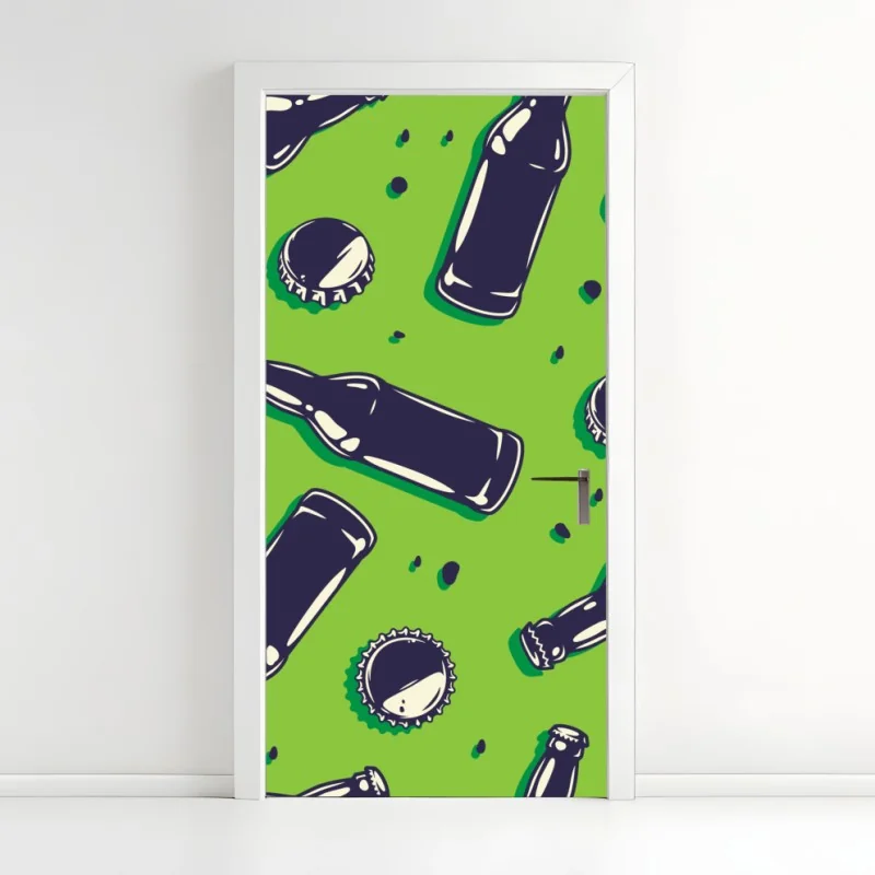 Türaufkleber grünes pop-art-muster mit bierflaschen und kronkorken