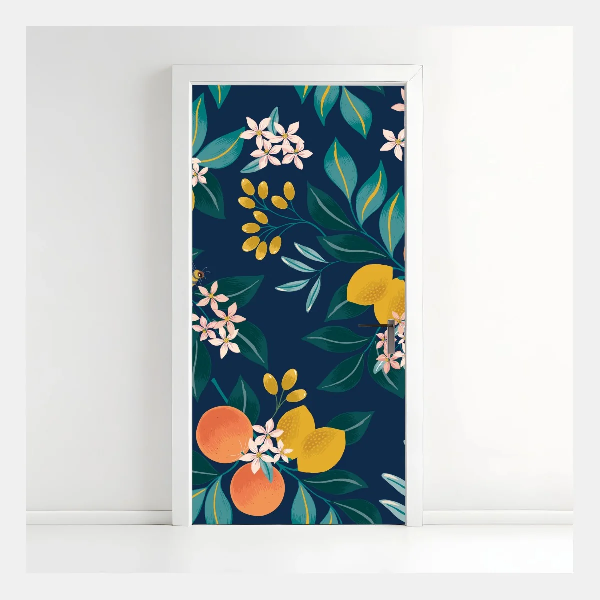 Türaufkleber botanisches zitronen- und orangenmuster auf marineblauem hintergrund – Wallnifity®