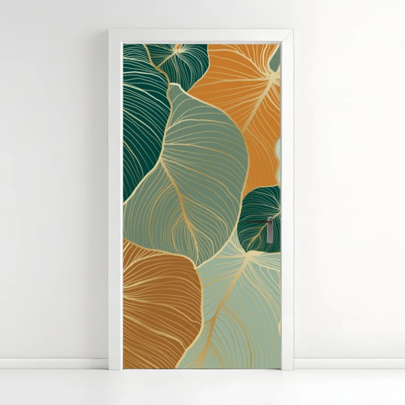 Türaufkleber türkis-goldenes botanisches blättermuster