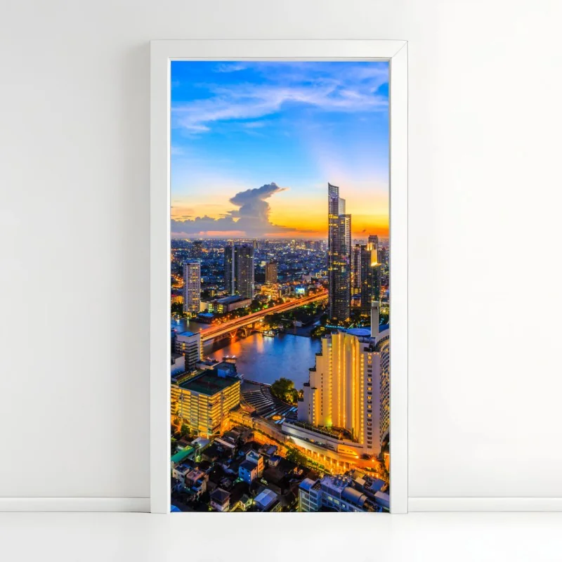 Türaufkleber lebendige stadtskyline bei dämmerung