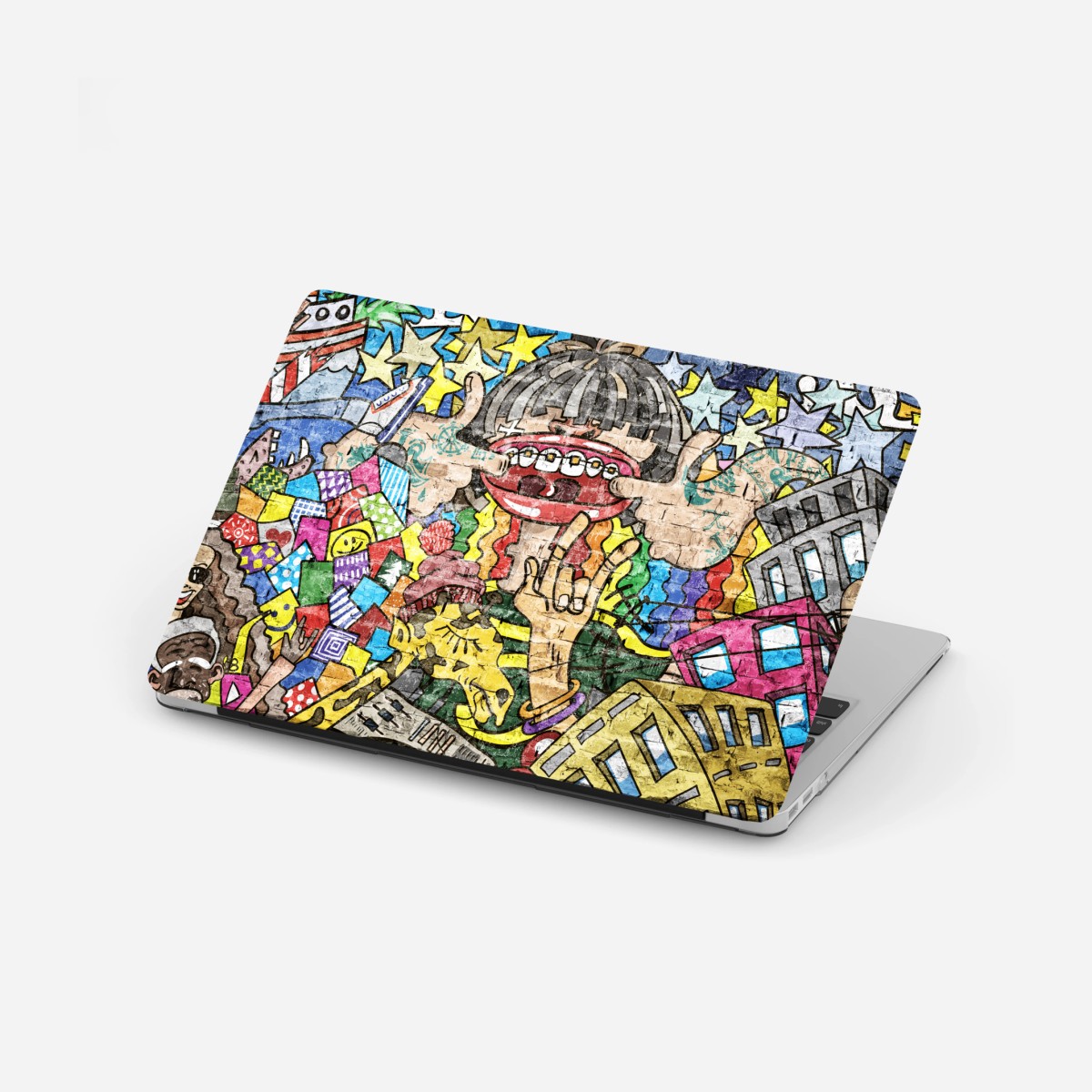 Laptop-Aufkleber buntes graffiti-mural mit verspielter figur – Wallnifity®
