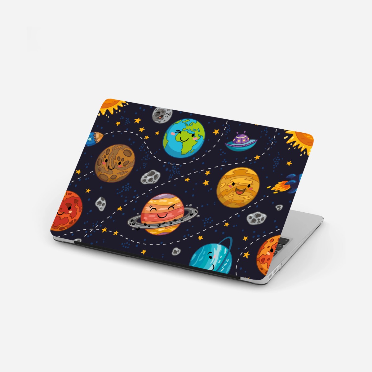 Laptop-Aufkleber lächelnde planeten im verspielten weltraummuster – Wallnifity®