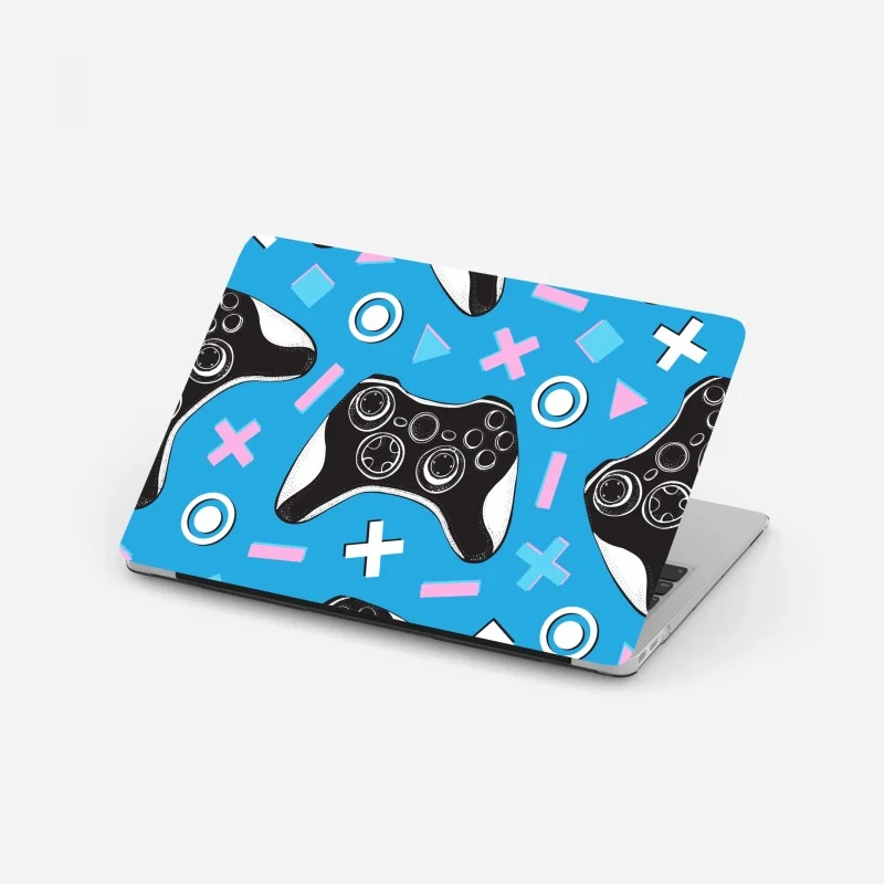 Laptop-Aufkleber muster mit gamecontrollern auf blauem hintergrund