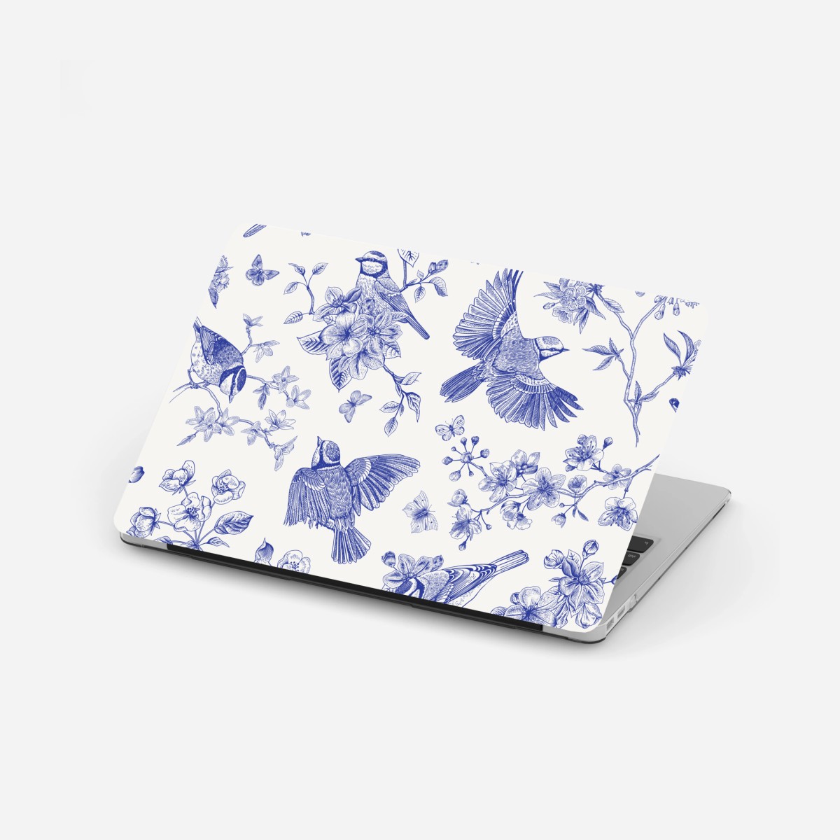 Laptop-Aufkleber blaues muster mit vögeln und blüten im vintage-stil – Wallnifity® Laptop-Aufkleber blaues muster mit vögeln und blüten im vintage-stil – Wallnifity®