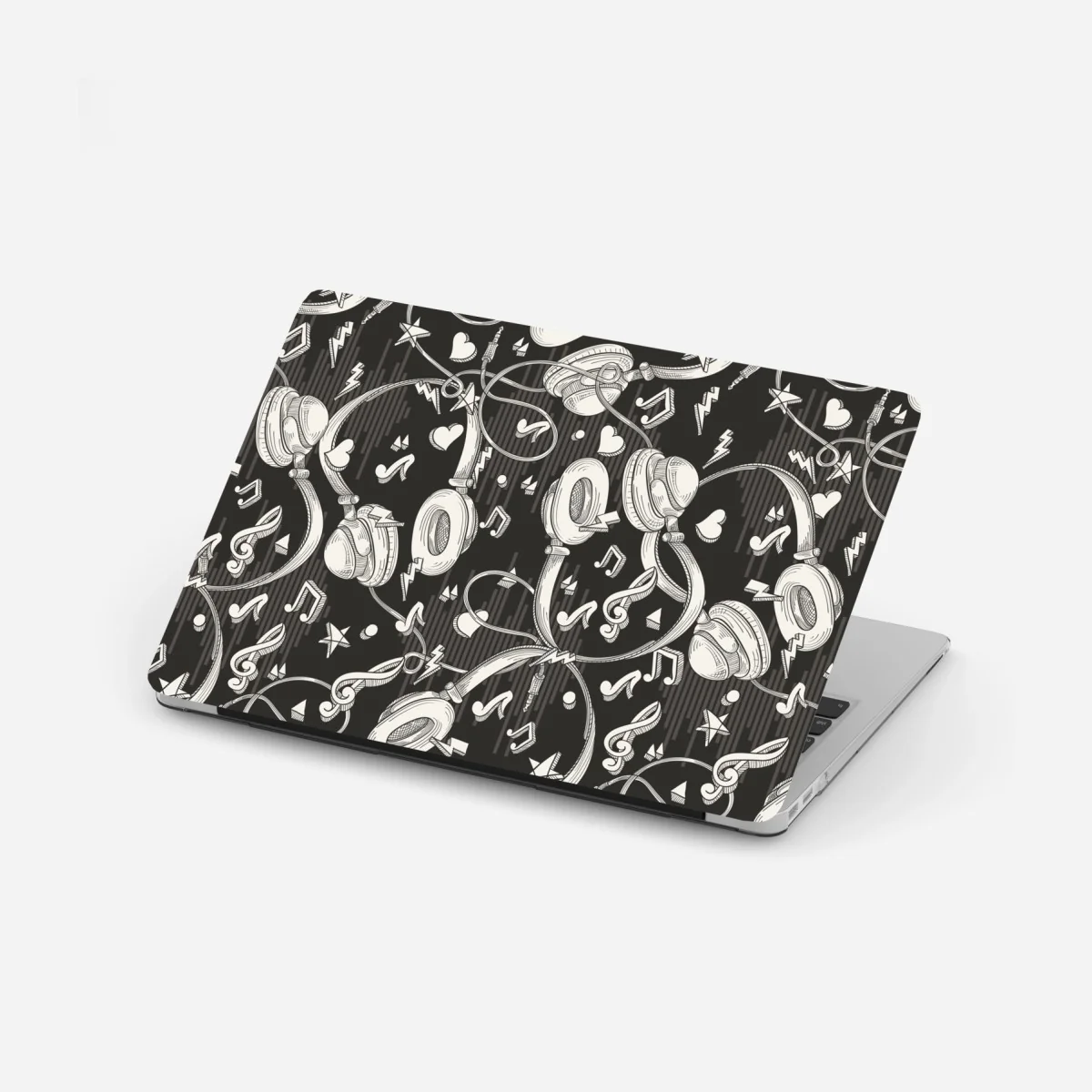 Laptop-Aufkleber monochromatisches muster mit kopfhörern und noten – Wallnifity®