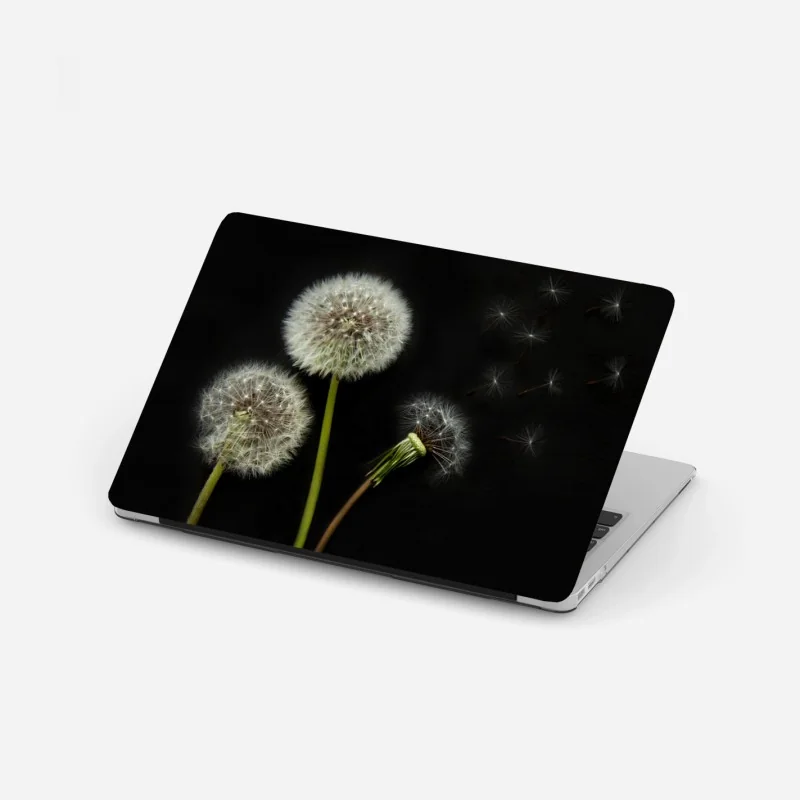 Laptop-Aufkleber zarte löwenzahnköpfe vor schwarzem hintergrund