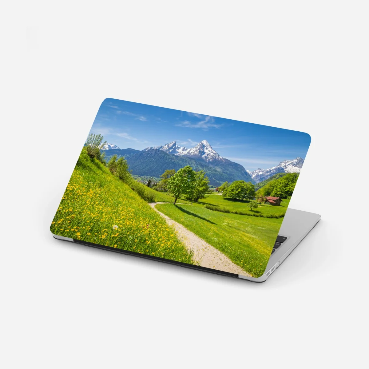 Laptop-Aufkleber alpine frühlingswiese mit schneebedeckten gipfeln – Wallnifity® Laptop-Aufkleber alpine frühlingswiese mit schneebedeckten gipfeln – Wallnifity®