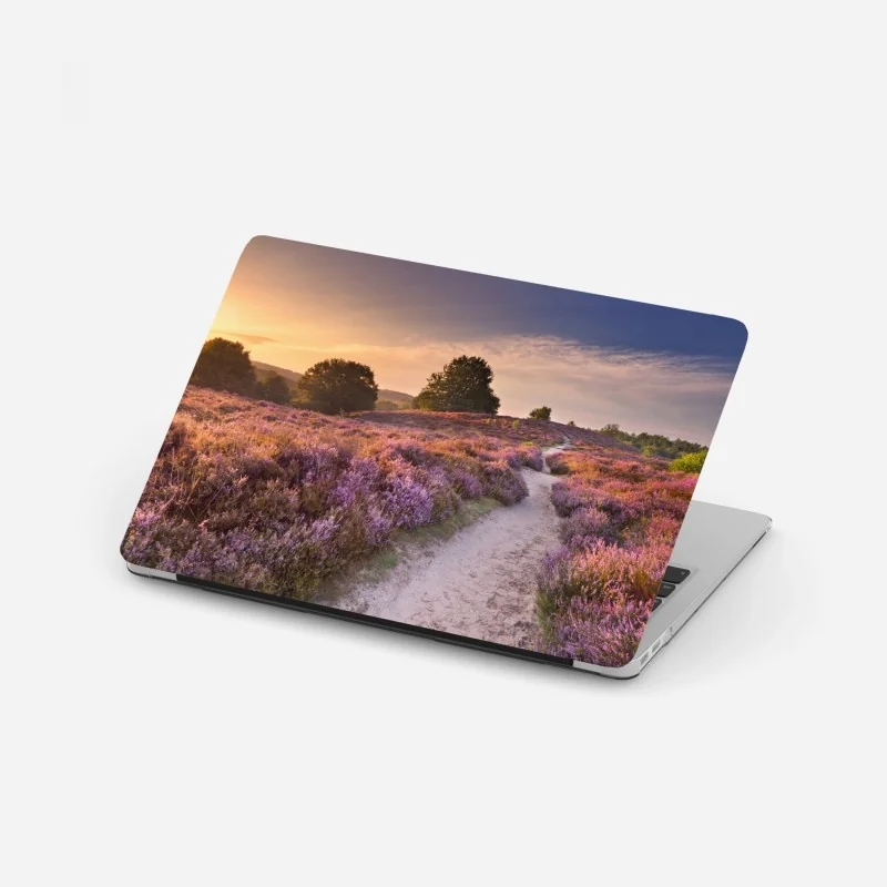 Laptop-Aufkleber Posbank bei sonnenaufgang über blühender heide