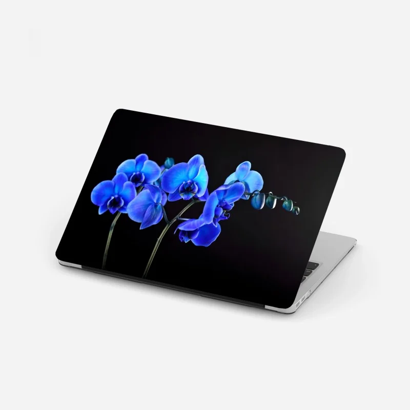 Laptop-Aufkleber leuchtende blaue orchidee vor schwarzem hintergrund