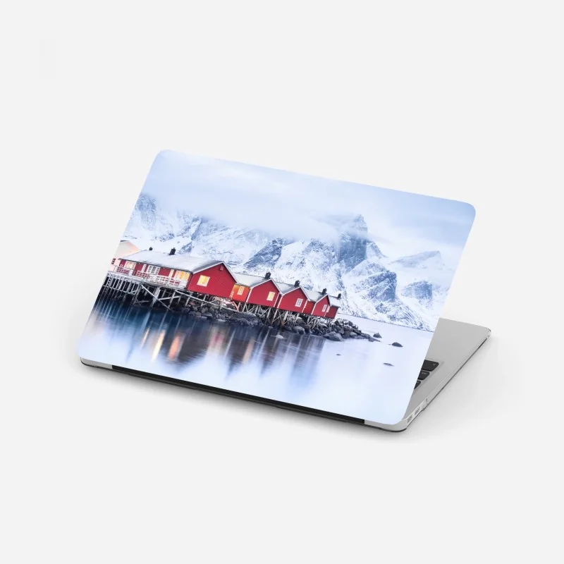 Laptop-Aufkleber sonnenaufgang über den roten hütten der Lofoten