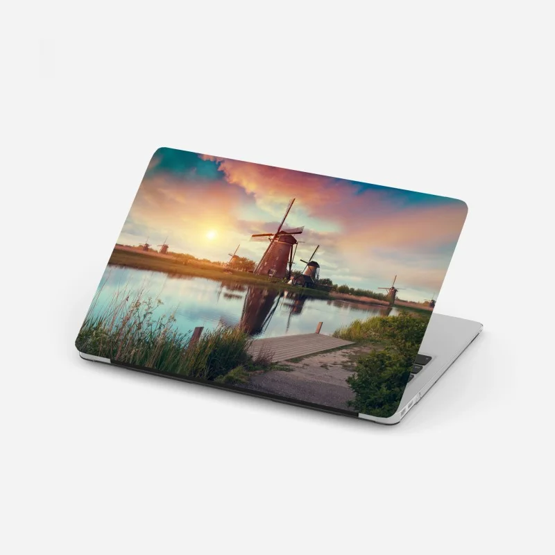 Laptop-Aufkleber sonnenuntergang über windmühlen in den Niederlanden