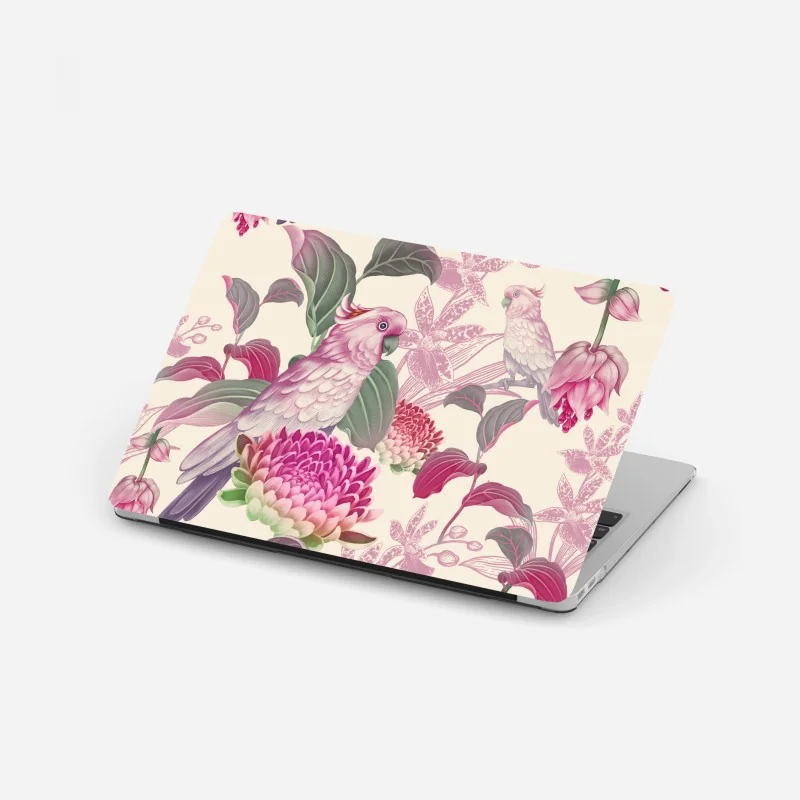 Laptop-Aufkleber rosa papagei und chrysantheme - botanisches motiv