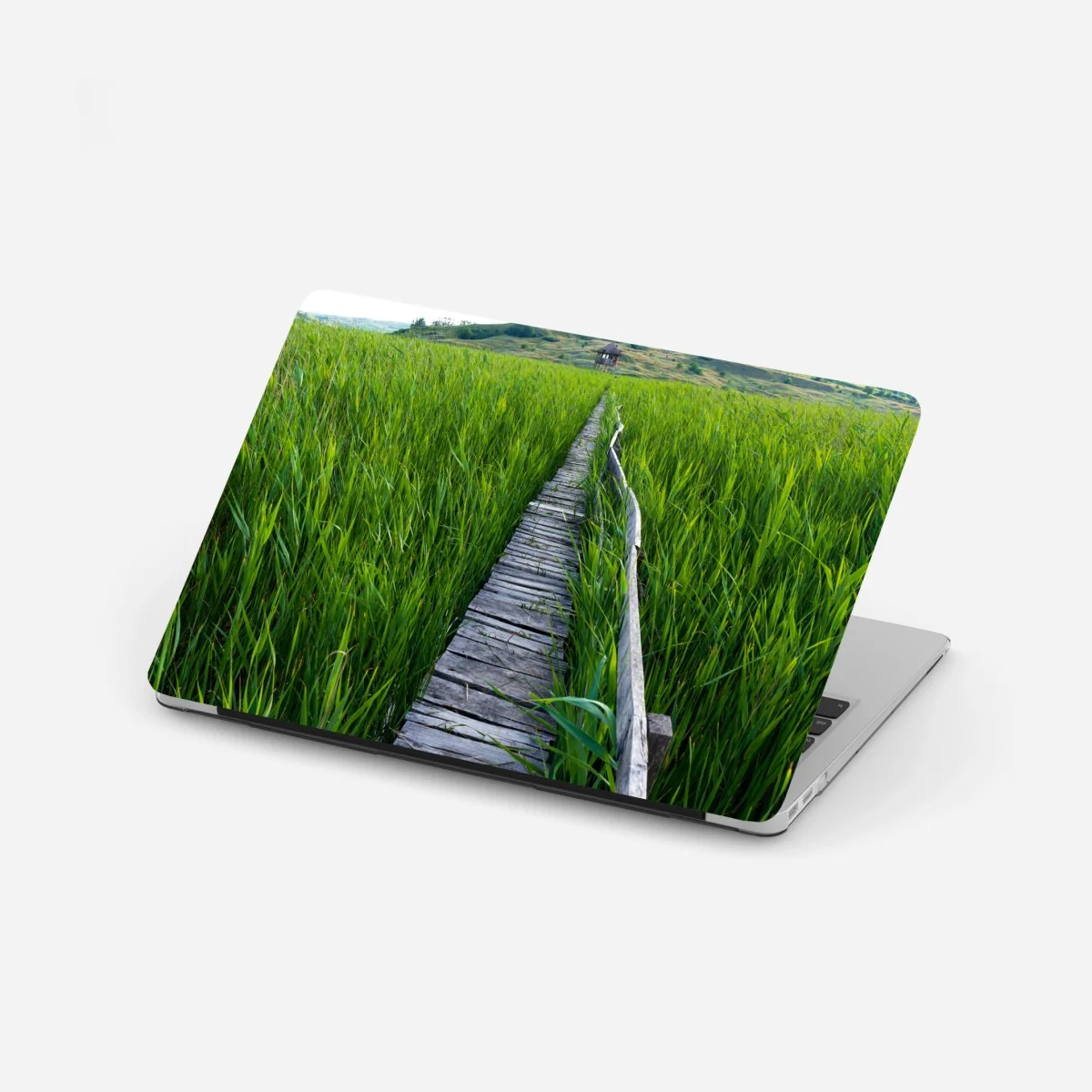 Laptop-Aufkleber ruhiger grüner steg durch schilfland zur rustikalen hütte – Wallnifity® Laptop-Aufkleber ruhiger grüner steg durch schilfland zur rustikalen hütte – Wallnifity®