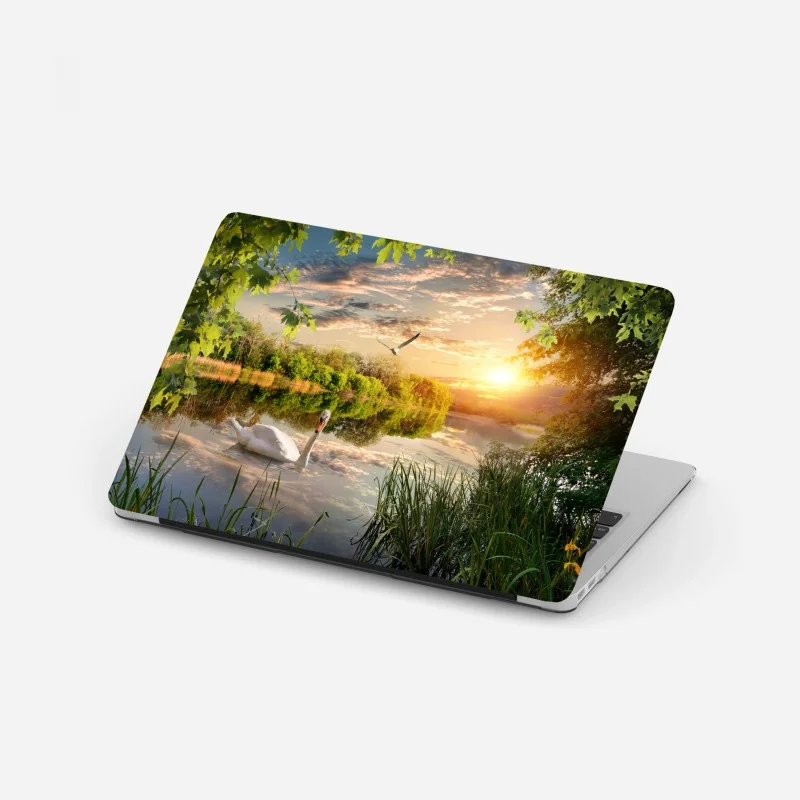 Laptop-Aufkleber sonnenuntergang mit schwan auf stillem see
