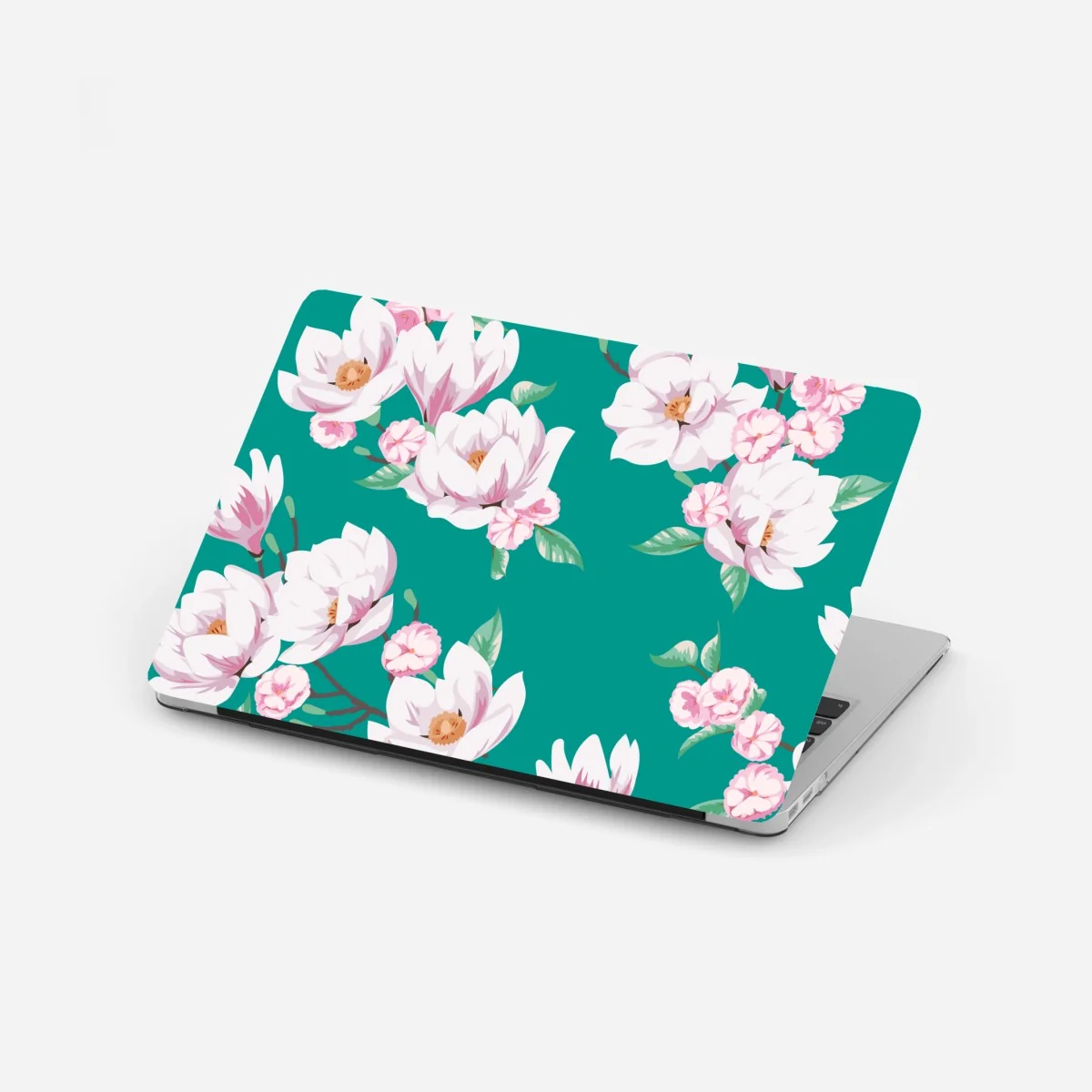 Laptop-Aufkleber pastell magnolienmuster auf türkisfarbenem hintergrund – Wallnifity®
