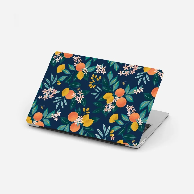 Laptop-Aufkleber botanisches zitronen- und orangenmuster auf marineblauem hintergrund
