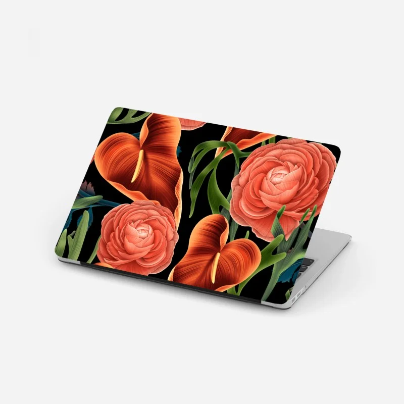 Laptop-Aufkleber lebhaftes korallenblumenmuster auf schwarzem hintergrund