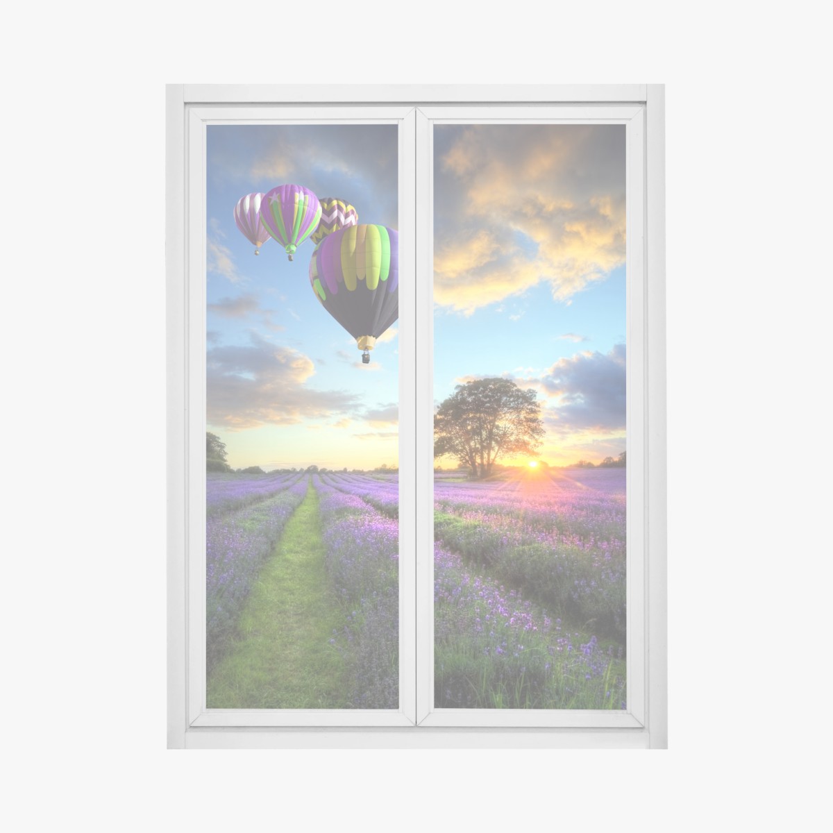 Fensteraufkleber lavendersonnenuntergang mit bunten heißluftballons – Wallnifity®
