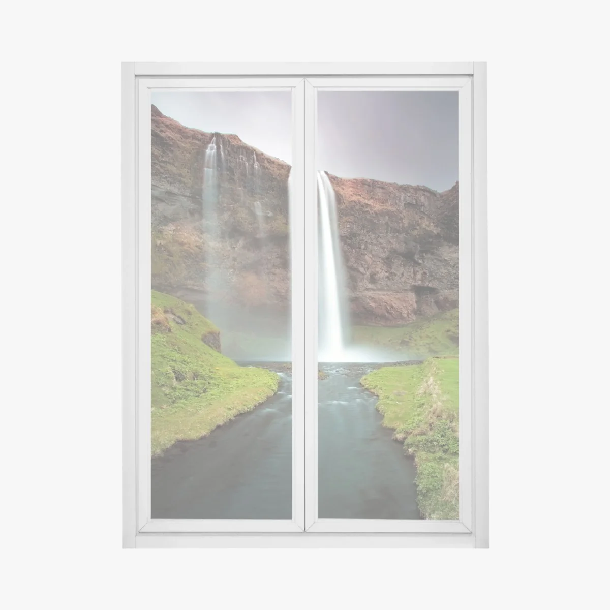 Fensteraufkleber nebeliger wasserfall im üppigen tal – Wallnifity® Fensteraufkleber nebeliger wasserfall im üppigen tal – Wallnifity®